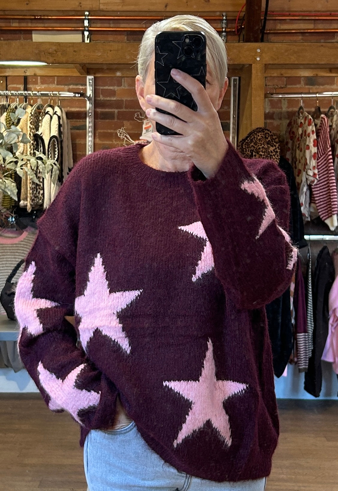 Wine knit/pink stars