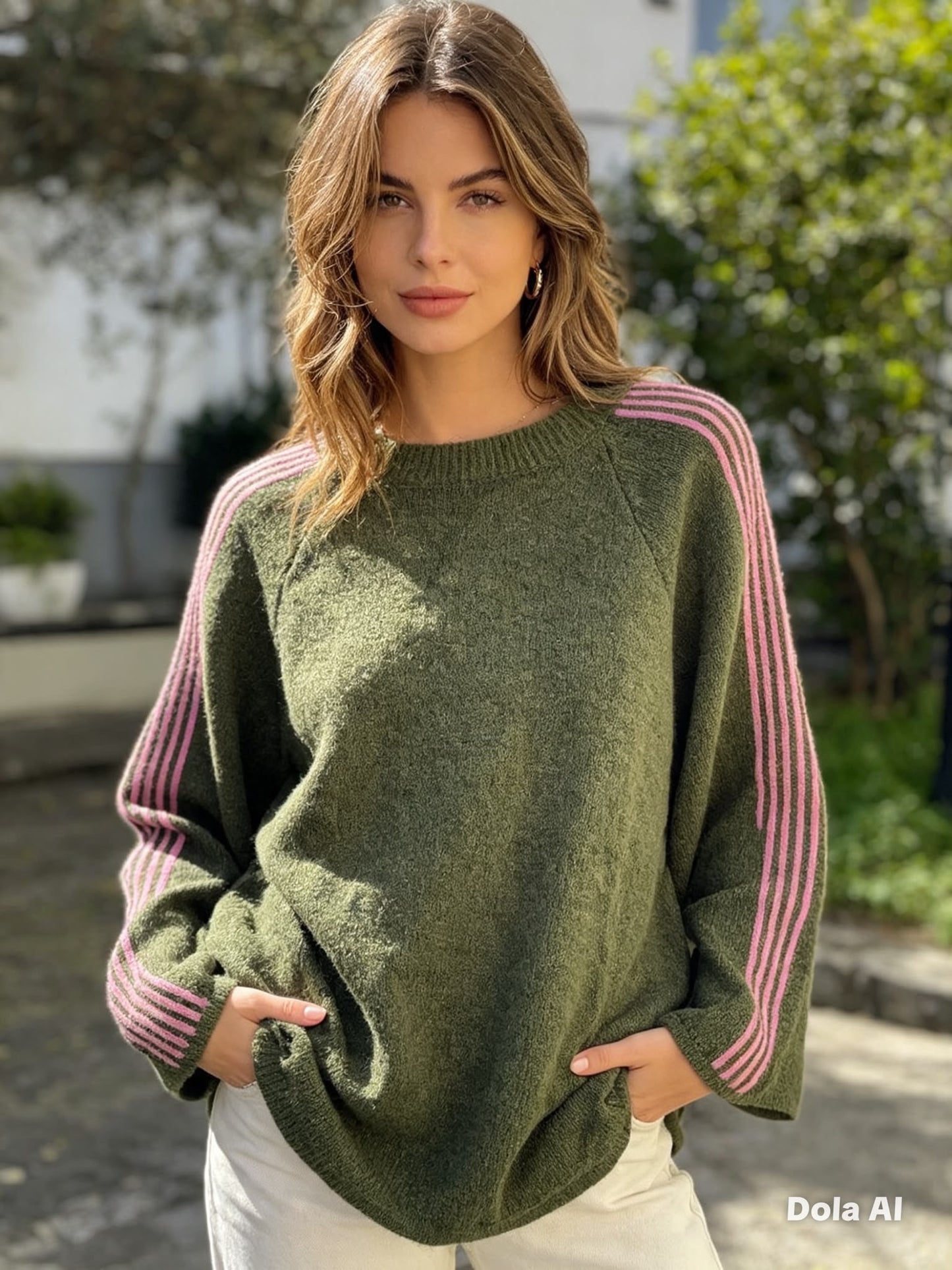 Stripe sleeve knit khaki/pink