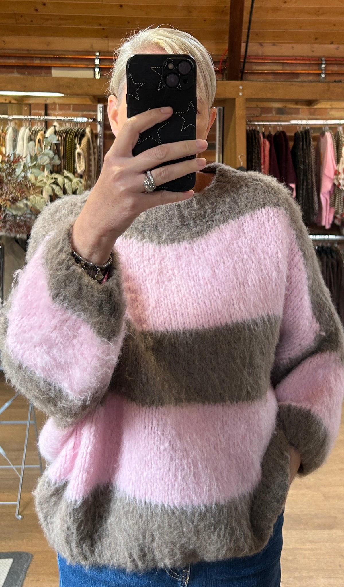 Taupe/pink stripe knit