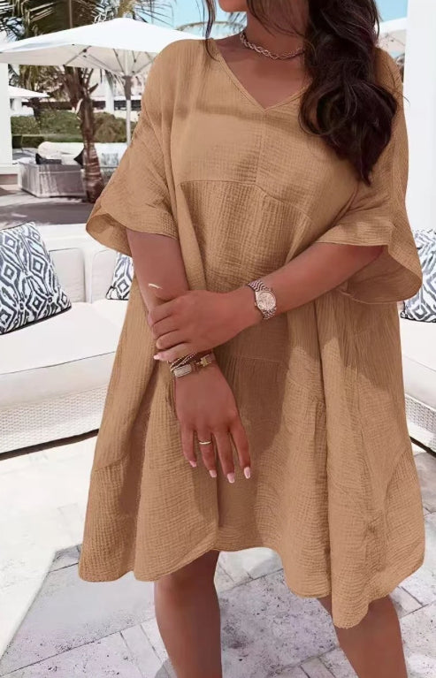 V neck cheesecloth dress camel