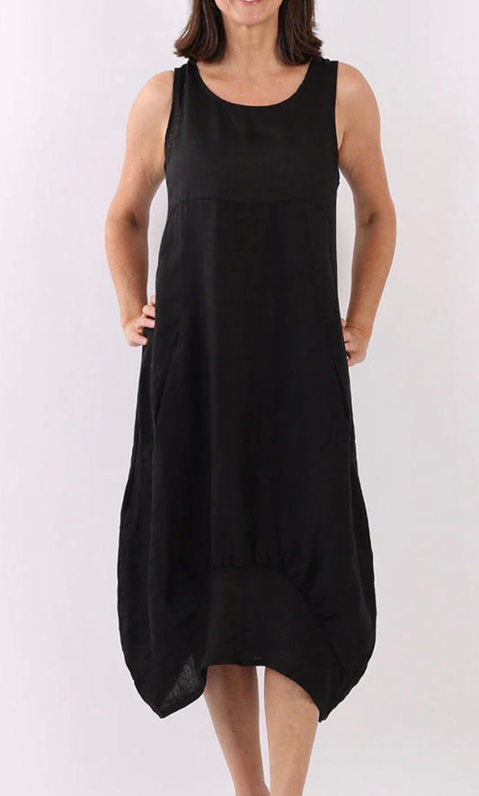 Rib panel linen sundress black
