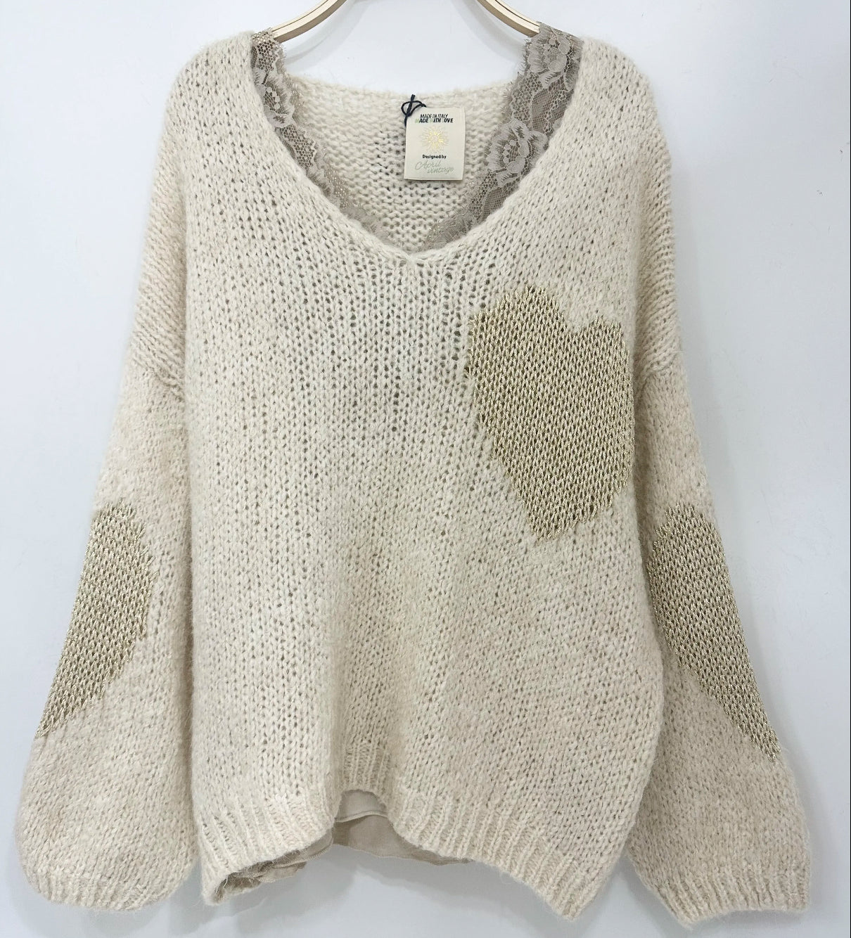 Gold hearts v neck knit - ecru