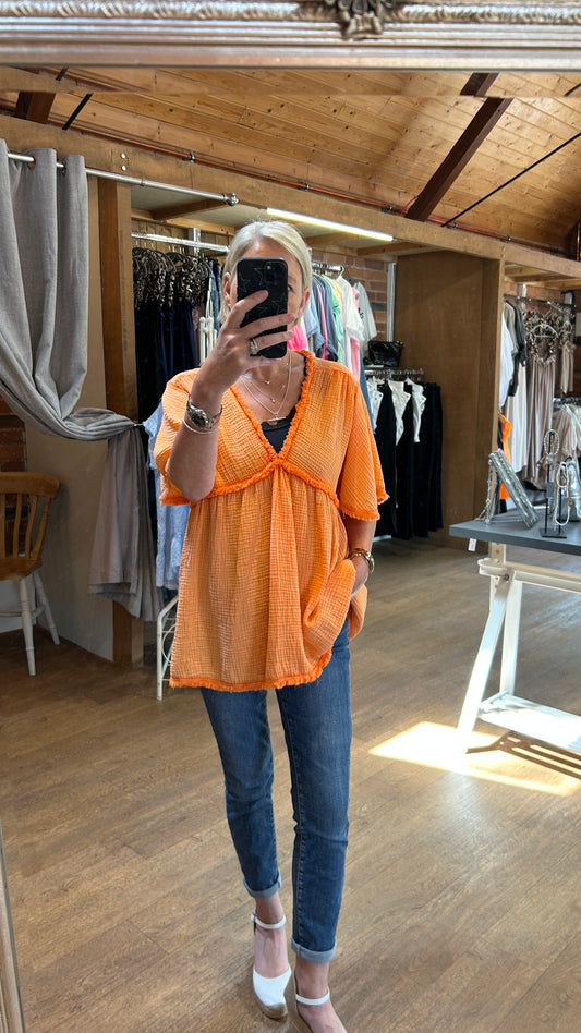 V neck cheesecloth top - orange
