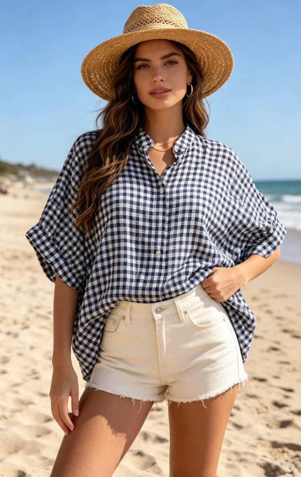 Gingham blouse navy