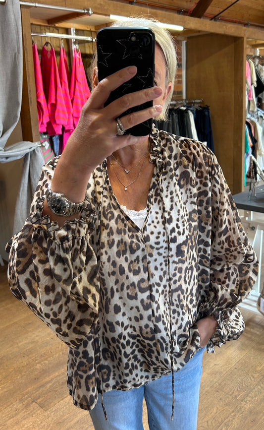Tie neck leopard blouse