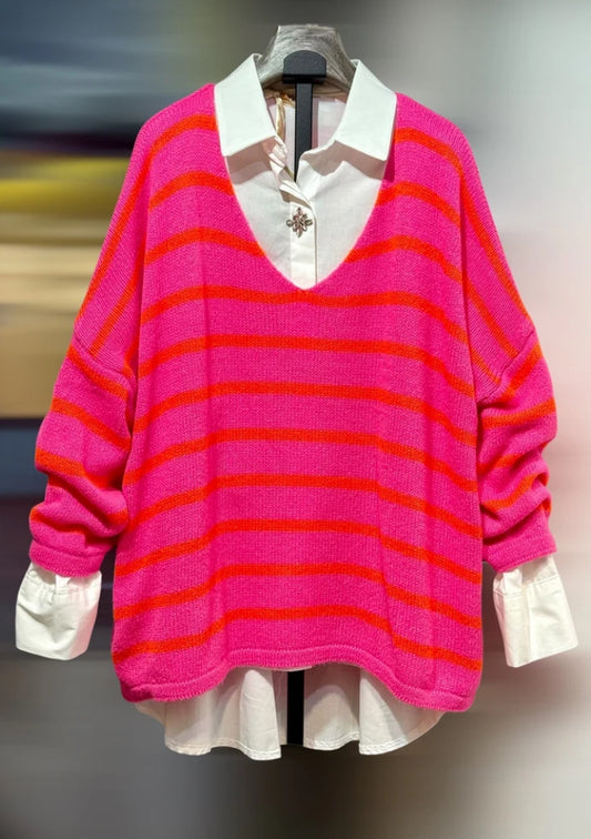 Stripe v neck knit - pink