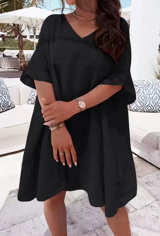 V neck cheesecloth dress black