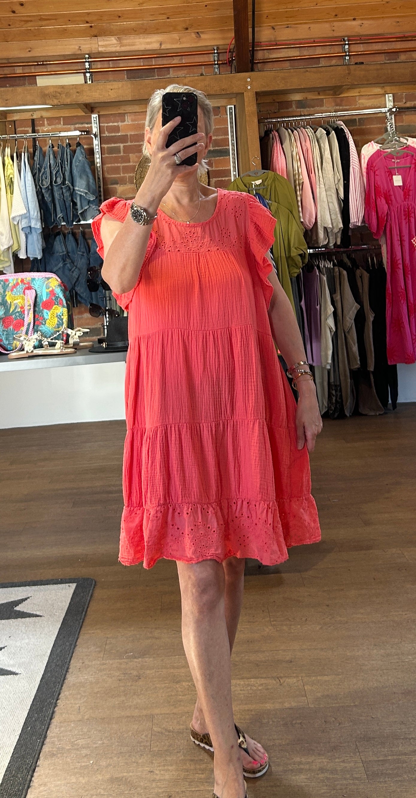 Broderie detail dress coral