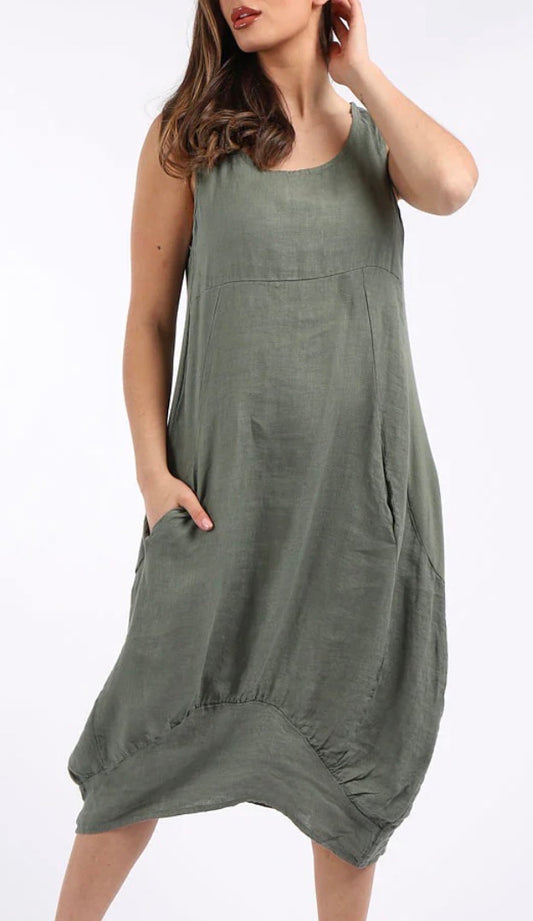 Rib panel linen sundress khaki