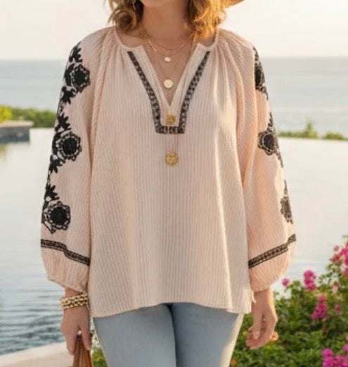 Pink stripe embroidery sleeve v neck top lrg