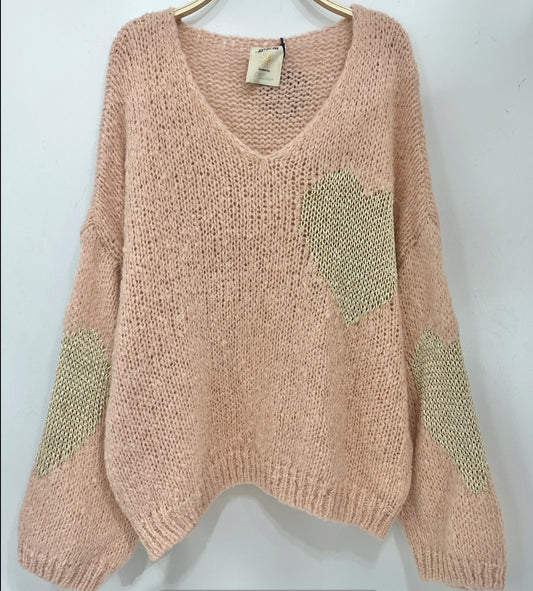 Gold hearts v neck knit - nude