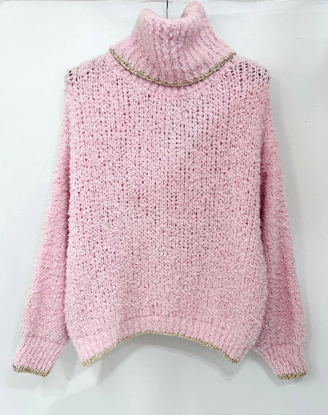 Roll neck gold trim knit - rose