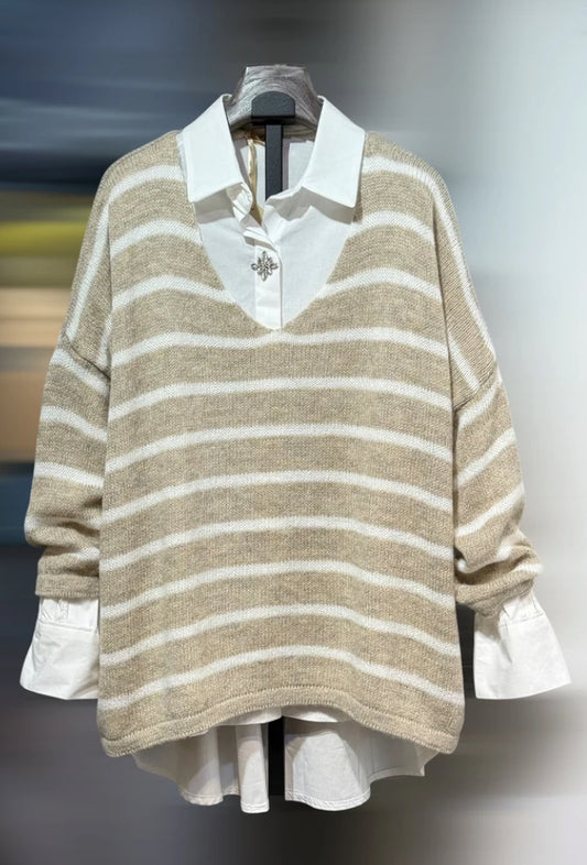 Stripe v neck knit - stone