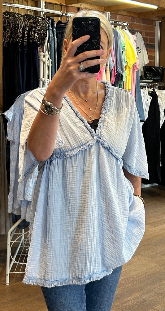 V neck cheesecloth top - sky blue