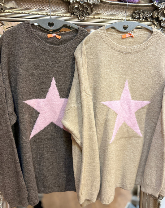Taupe knit/pink star