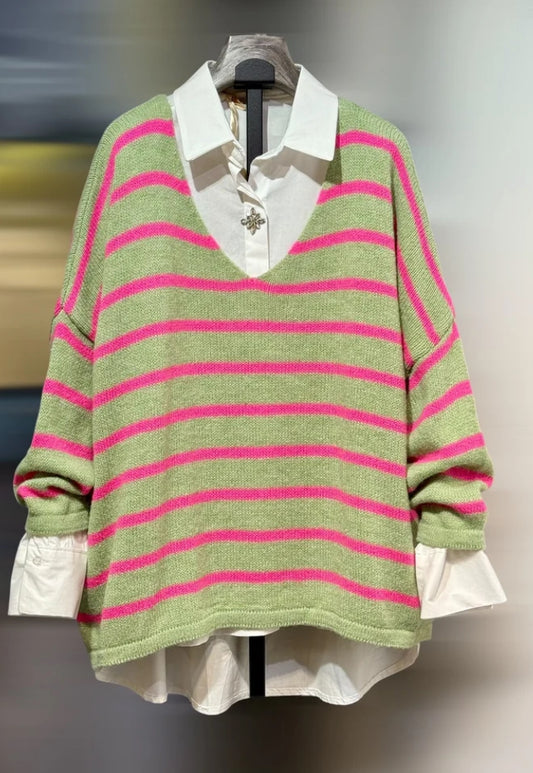 Stripe v neck knit - green