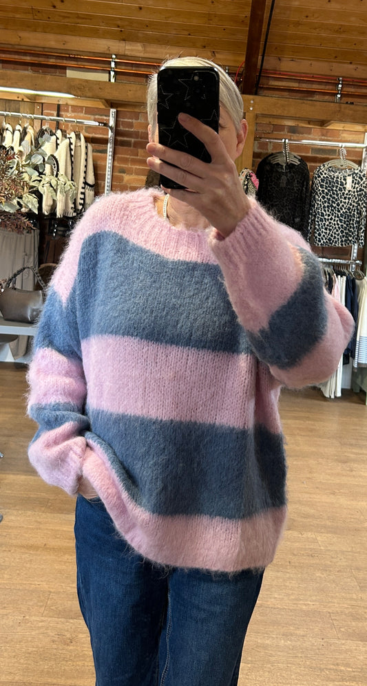 Denim/pink stripe knit