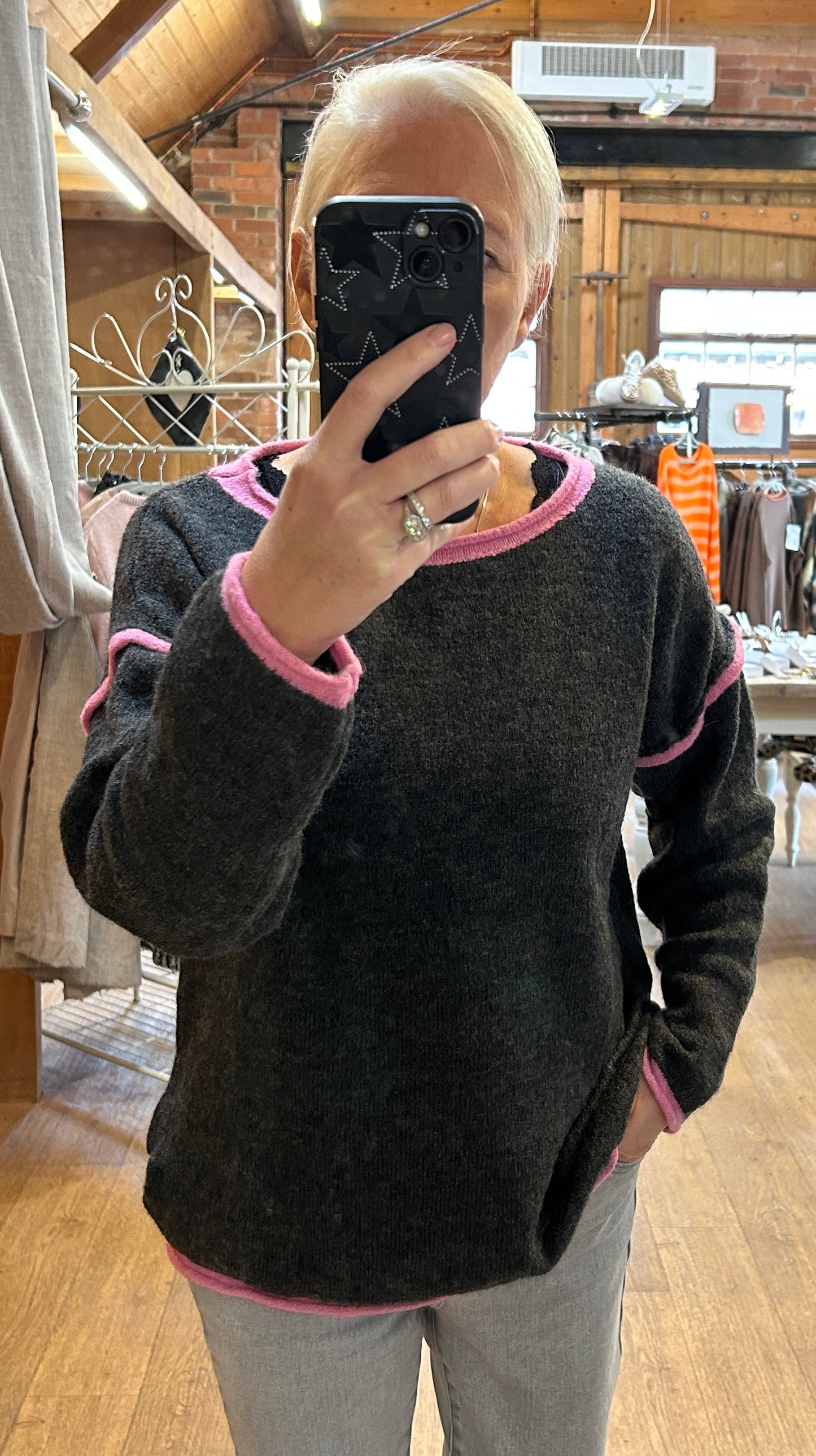 Charcoal knit/pink trim