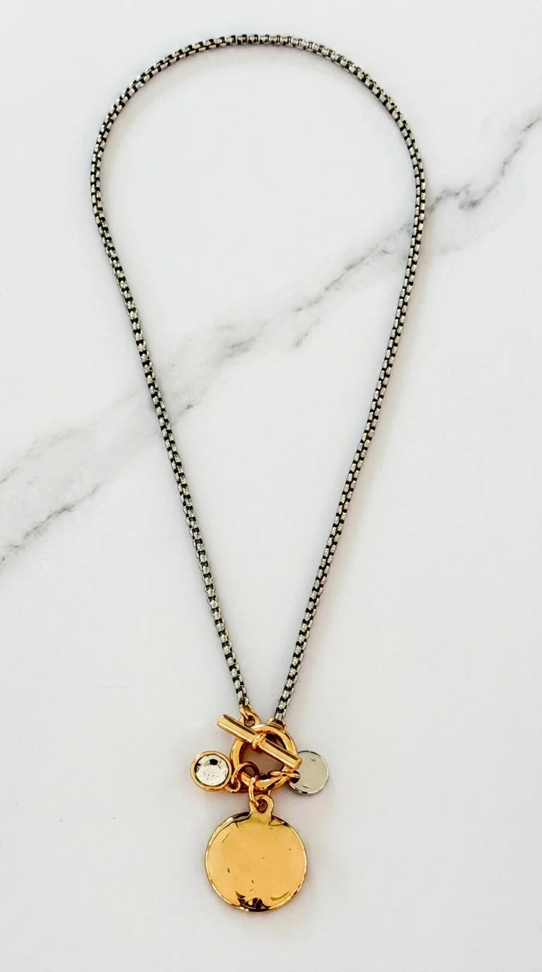 Gold T bar & circles necklace
