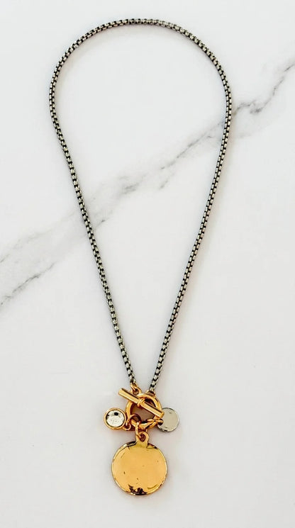 Gold T bar & circles necklace